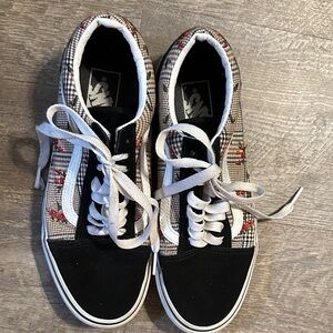 Vans Black and White Checkered Sneakers with Red Accents